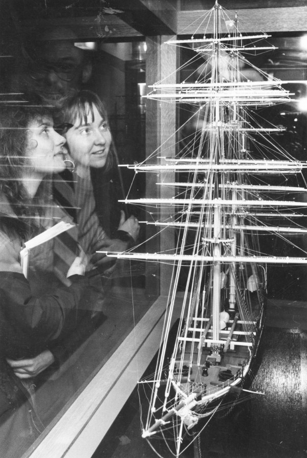 1988: The Thermopylae, the pride of Aberdeen White Star Line and conqueror of the mighty Cutty Sark. The clippers raced eight times and Thermopylae won seven. Admiring her sleek lines were Northern College students Helen Dearman and Alison Hunter. Image: DC Thomson
